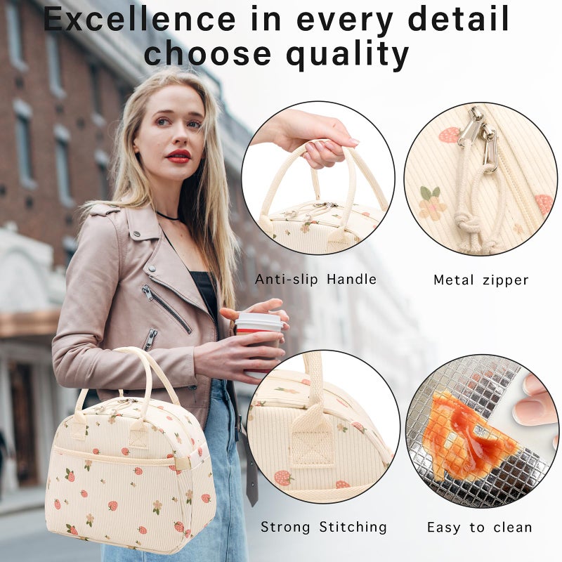 Carry bloom Lunch Box for Women, Insulated Lunch Bag Cute Corduroy Lunchbag Reusable Lunchbox for Work (2 strawberry) - Image 4