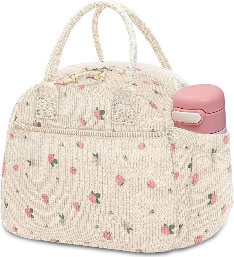 Carry bloom Lunch Box for Women, Insulated Lunch Bag Cute Corduroy Lunchbag Reusable Lunchbox for Work (2 strawberry) - Image 1