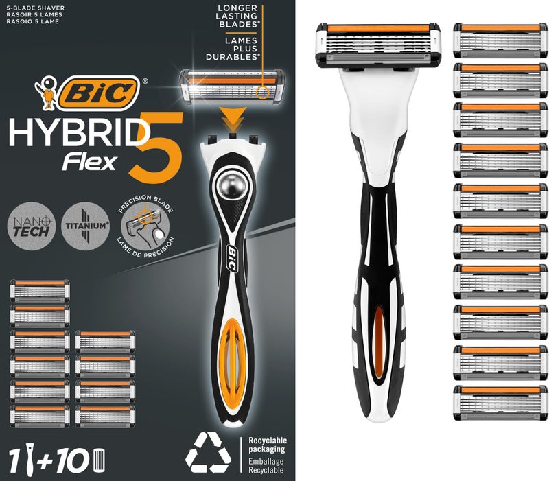 BIC Hybrid 5 Flex Refillable Men's Razor, 1 Weighted Handle and 10 Nano-Tech Titanium 5-Blade Refills with Precision Blade - Bundle of 1+10 - Image 1