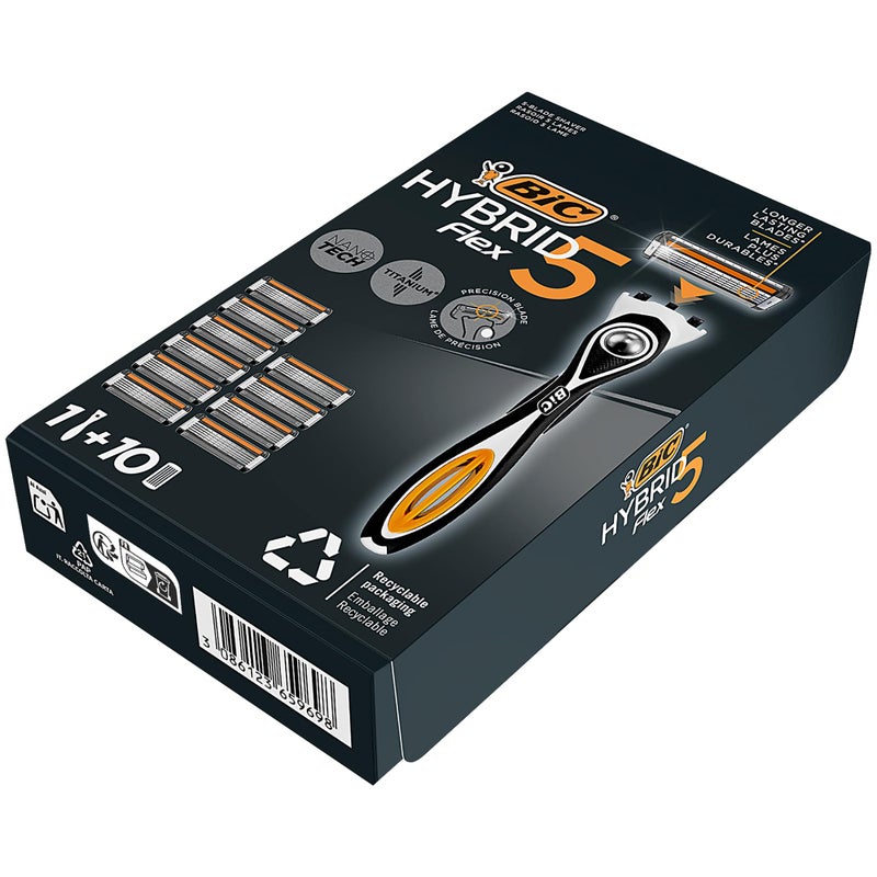 BIC Hybrid 5 Flex Refillable Men's Razor, 1 Weighted Handle and 10 Nano-Tech Titanium 5-Blade Refills with Precision Blade - Bundle of 1+10 - Image 2