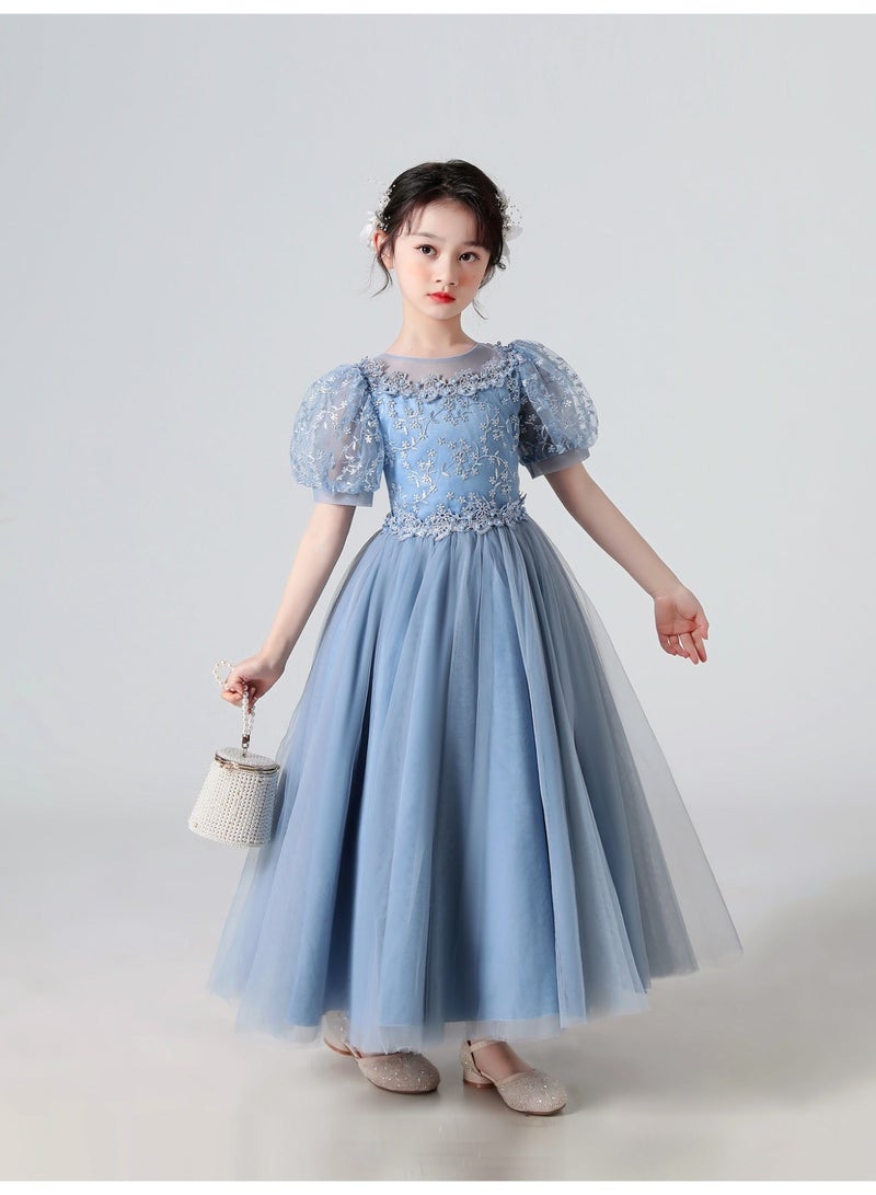 Girl's Blue Princess Puff Sleeve Dress for Wedding Evening & Stage Performance - Image 1