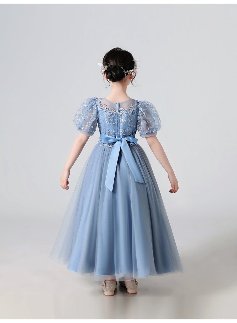 Girl's Blue Princess Puff Sleeve Dress for Wedding Evening & Stage Performance - Image 2