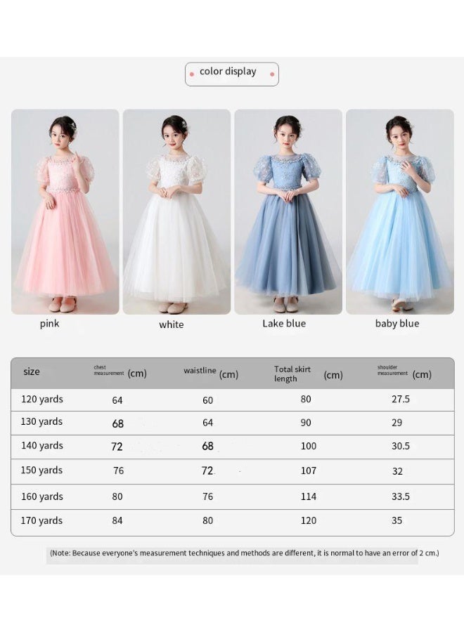 Girl's Blue Princess Puff Sleeve Dress for Wedding Evening & Stage Performance - Image 3