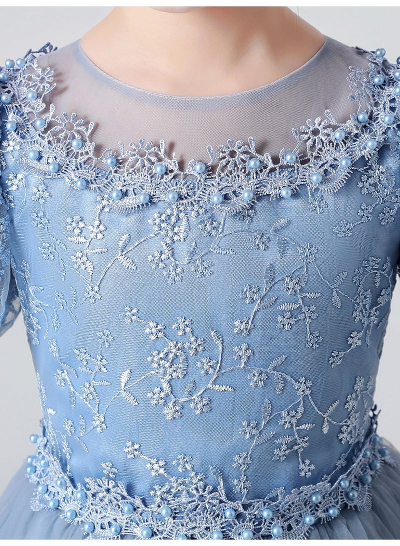 Girl's Blue Princess Puff Sleeve Dress for Wedding Evening & Stage Performance - Image 4