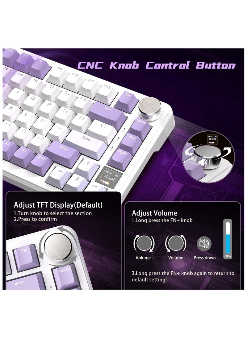 Attack Shark - ATTACK SHARK X85Pro Wireless Mechanical Gaming Keyboard – Hot-Swappable – 75% Compact Layout – Smart TFT Display & Metal Knob – Tri-Mode Connection (Bluetooth 5.1, 2.4GHz, USB-C) – RGB Backlight – Gasket Mount – PBT Keycaps – PC Laptop Mac Compatible (Lavender Purple) - Image 1