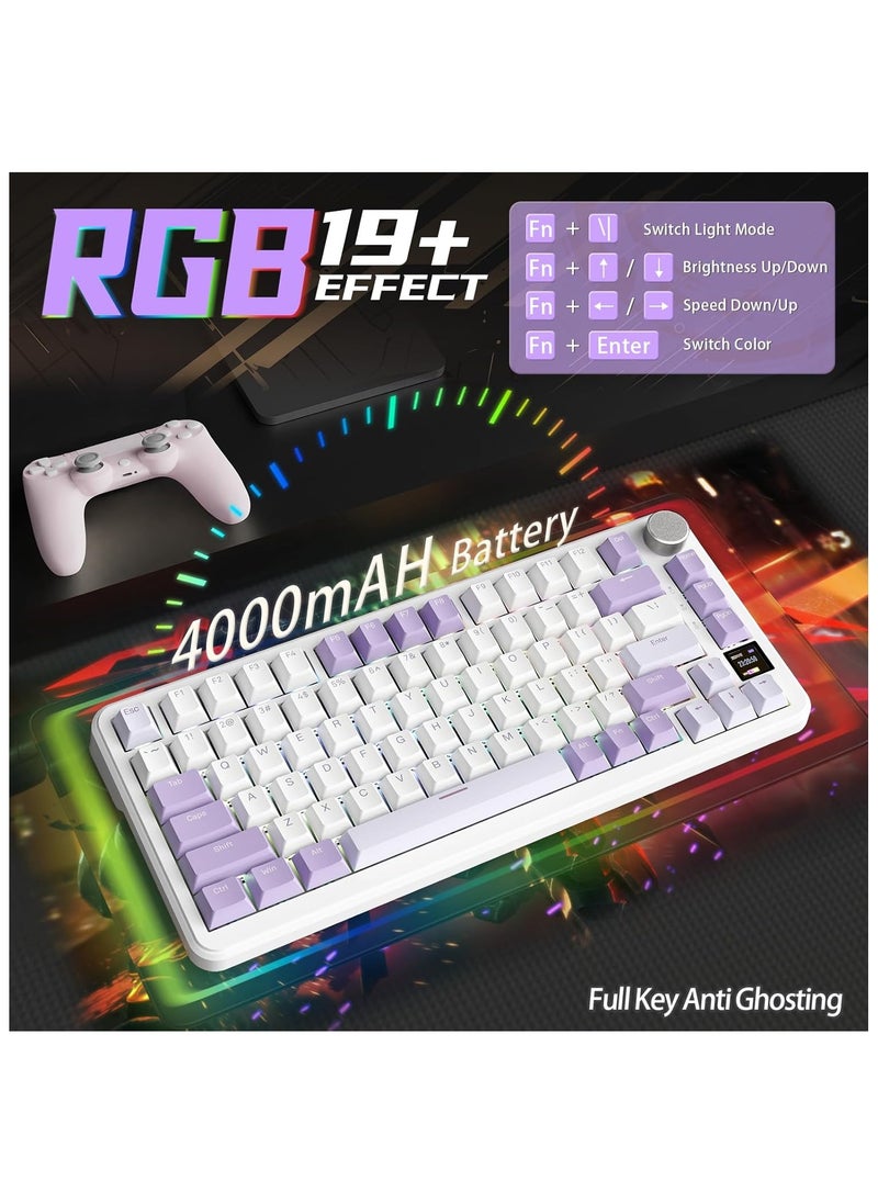 Attack Shark - ATTACK SHARK X85Pro Wireless Mechanical Gaming Keyboard – Hot-Swappable – 75% Compact Layout – Smart TFT Display & Metal Knob – Tri-Mode Connection (Bluetooth 5.1, 2.4GHz, USB-C) – RGB Backlight – Gasket Mount – PBT Keycaps – PC Laptop Mac Compatible (Lavender Purple) - Image 1