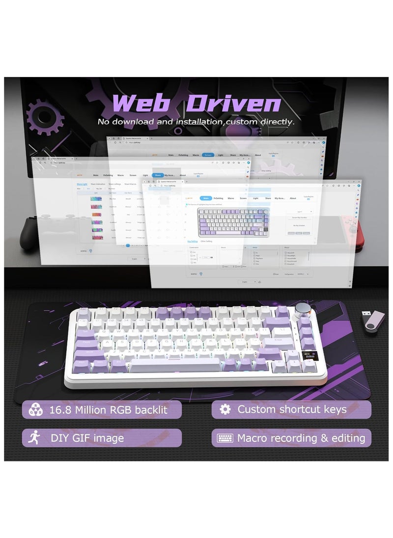 Attack Shark - ATTACK SHARK X85Pro Wireless Mechanical Gaming Keyboard – Hot-Swappable – 75% Compact Layout – Smart TFT Display & Metal Knob – Tri-Mode Connection (Bluetooth 5.1, 2.4GHz, USB-C) – RGB Backlight – Gasket Mount – PBT Keycaps – PC Laptop Mac Compatible (Lavender Purple) - Image 1
