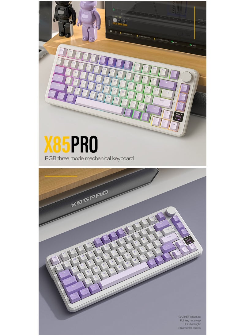 Attack Shark - ATTACK SHARK X85Pro Wireless Mechanical Gaming Keyboard – Hot-Swappable – 75% Compact Layout – Smart TFT Display & Metal Knob – Tri-Mode Connection (Bluetooth 5.1, 2.4GHz, USB-C) – RGB Backlight – Gasket Mount – PBT Keycaps – PC Laptop Mac Compatible (Lavender Purple) - Image 1