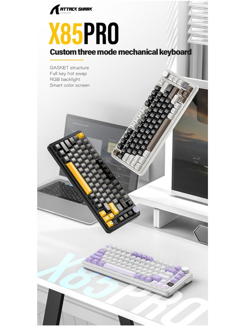 Attack Shark - ATTACK SHARK X85Pro Wireless Mechanical Gaming Keyboard – Hot-Swappable – 75% Compact Layout – Smart TFT Display & Metal Knob – Tri-Mode Connection (Bluetooth 5.1, 2.4GHz, USB-C) – RGB Backlight – Gasket Mount – PBT Keycaps – PC Laptop Mac Compatible (Lavender Purple) - Image 1