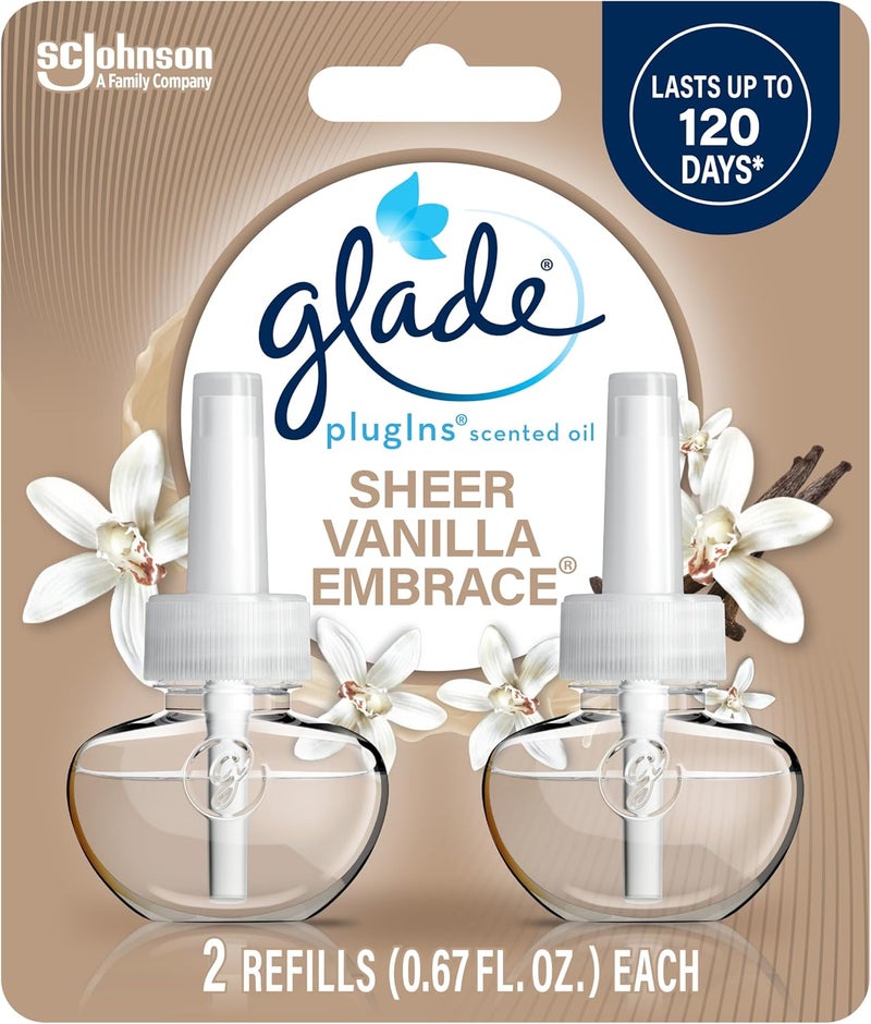 Glade عبوات إعادة تعبئة معطر الهواء، زيوت عطرية وأساسية للمنزل والحمام، عطر الفانيليا الشفافة، 1.34 أونصة، 2 عدد - Image 1