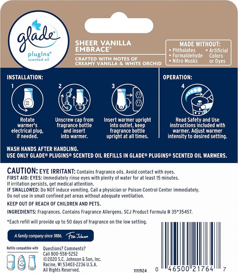 Glade عبوات إعادة تعبئة معطر الهواء، زيوت عطرية وأساسية للمنزل والحمام، عطر الفانيليا الشفافة، 1.34 أونصة، 2 عدد - Image 2