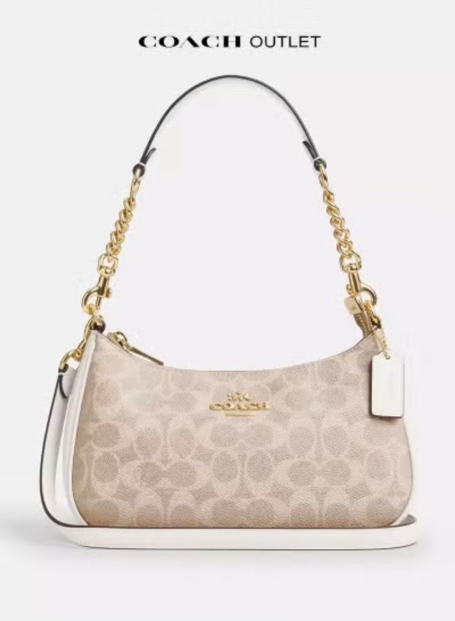 coachoutlet Coach Teri Women's Shoulder Bag In Signature Canvas, Women's Hand Bag, Women's Hobo Bag, Women's Tote Bag, Women's Travel Bag, Gold-White 24cm - Image 1