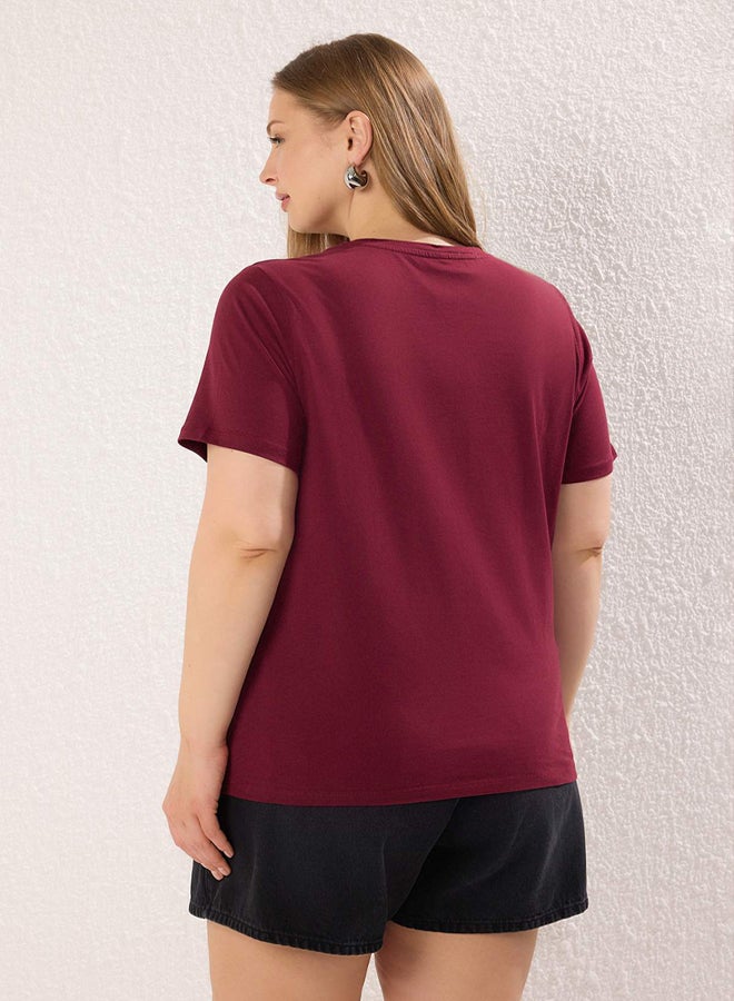trendyol Claret Red Regular Fit Basic Crew Neck 100% Cotton Knitted Plus Size T-Shirt - Image 4