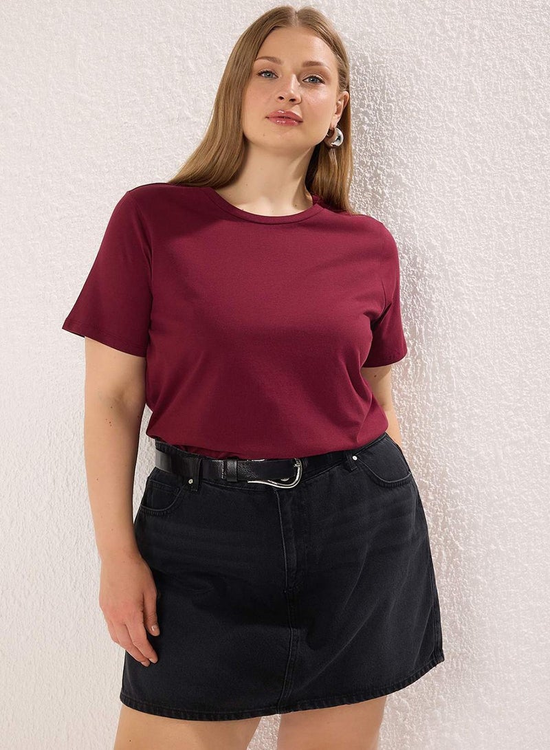 trendyol Claret Red Regular Fit Basic Crew Neck 100% Cotton Knitted Plus Size T-Shirt - Image 2