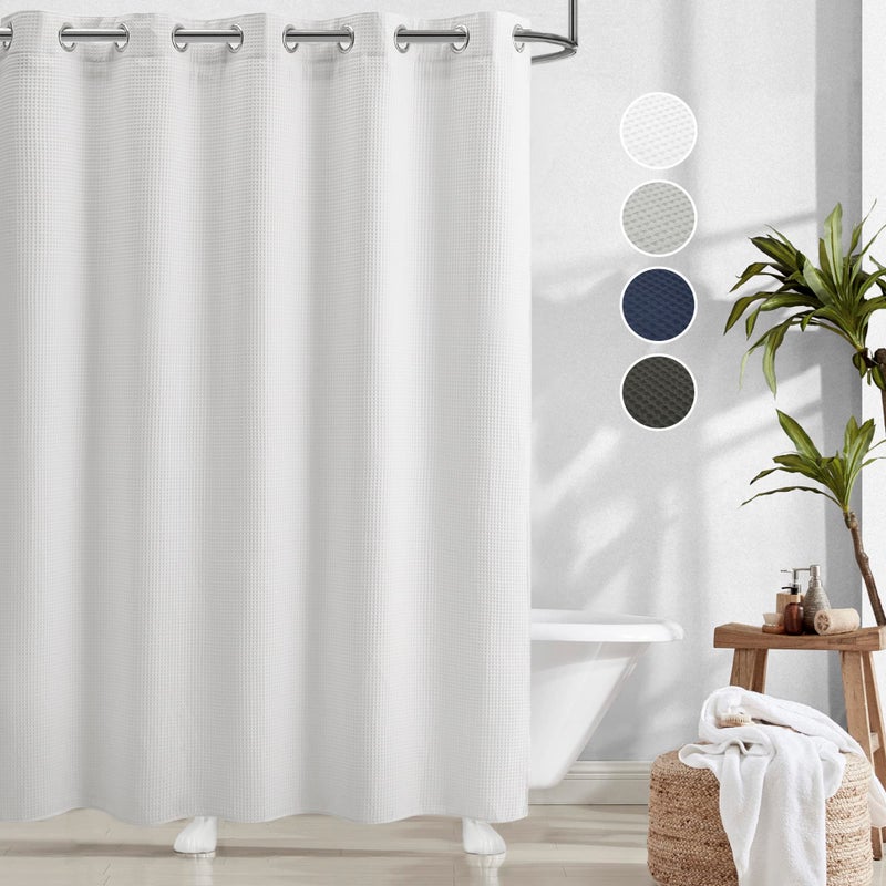 River Dream White Waffle Weave Shower Curtain with Snapin LinerCotton Blend Fabric Heavy DutyNo Hooks Needed Shower Curtain for BathroomHotel Quality Shower Curtain Set71 x 74 inches