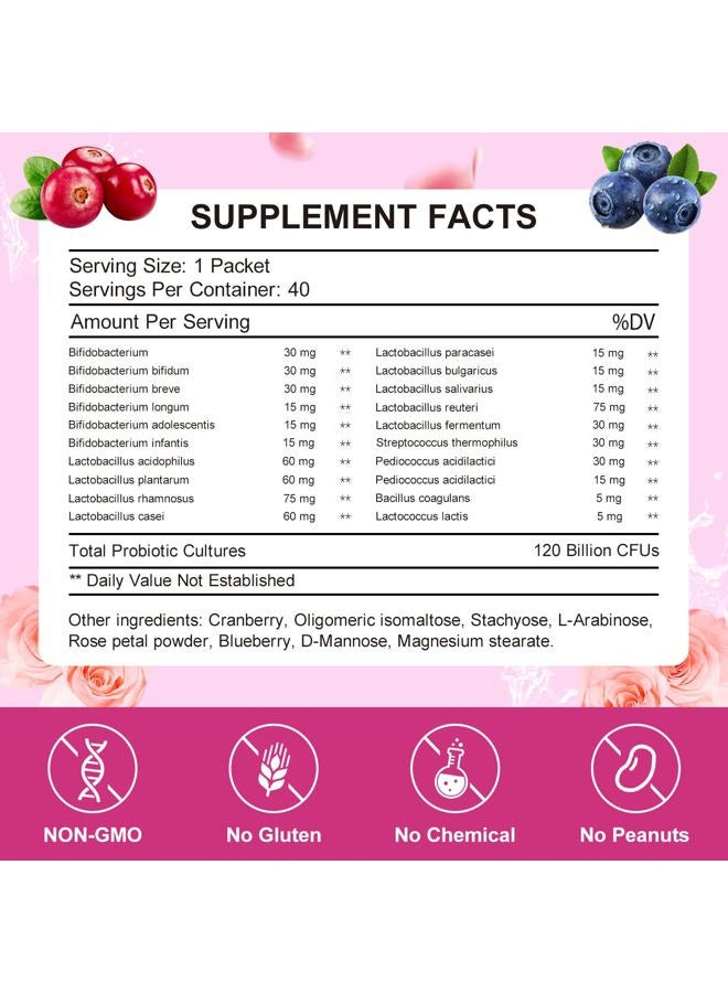 KFG مسحوق البروبيوتيك للنساء، مع 120 مليار وحدة تشكيل مستعمرات، 20 سلالة، 3 بروبيوتيك عضوي، توت بري، إنزيمات هضمية وD-مانوز، لتعزيز المناعة، الهضم، صحة الأمعاء، المهبل والصحة البولية، 40 عبوة - Image 2