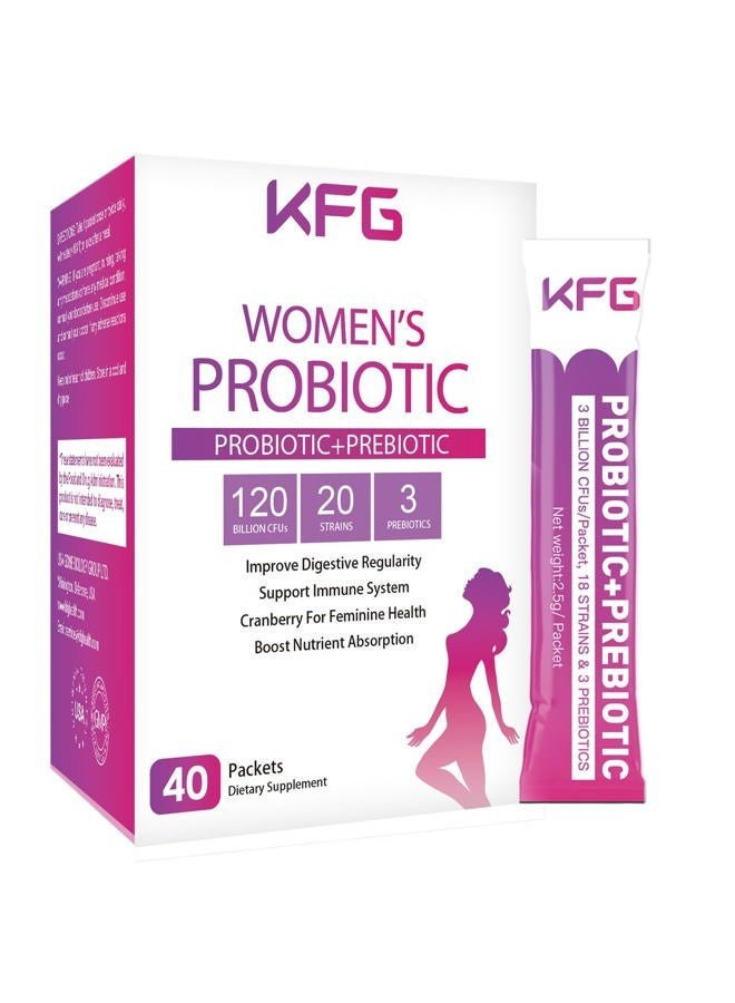KFG Women's Probiotic Powder, with 120 Billion CFUs, 20 Strains, 3Organic Prebiotics, Cranberry, Digestive Enzymes & D-Mannose, for Boost Immune, Digestive, Gut, Vaginal & Urinary Health, 40 Packets - Image 1