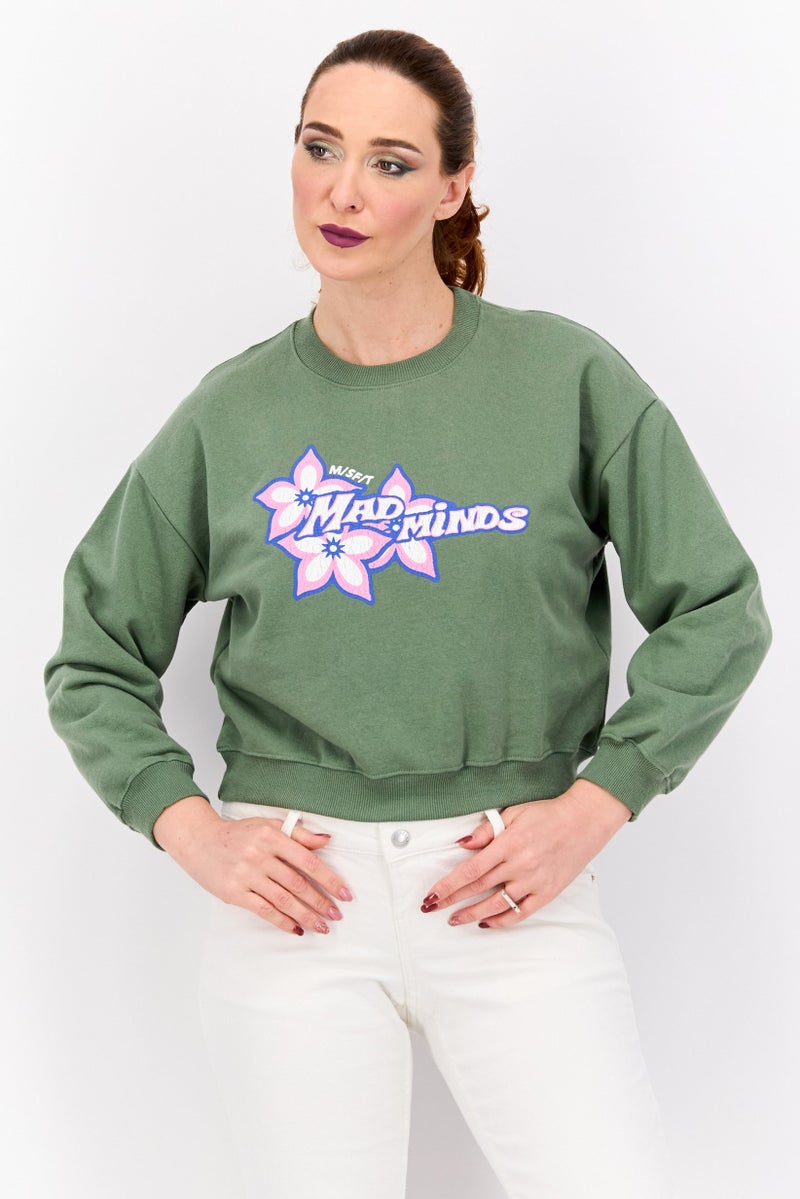 Misfit Women Crew Neck Graphic Print Long Sleeves Sweatshirt, Olive - Image 1