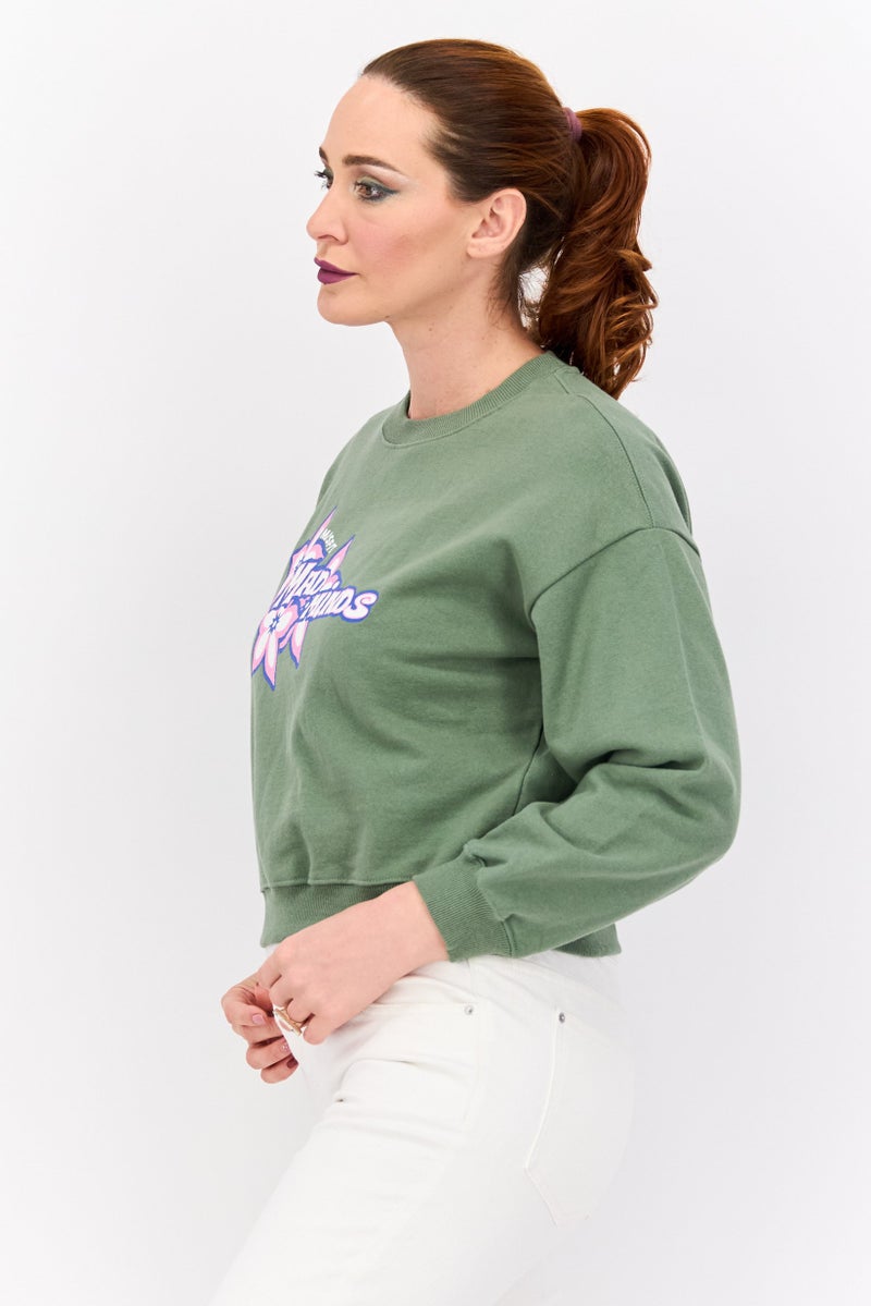 Misfit Women Crew Neck Graphic Print Long Sleeves Sweatshirt, Olive - Image 2