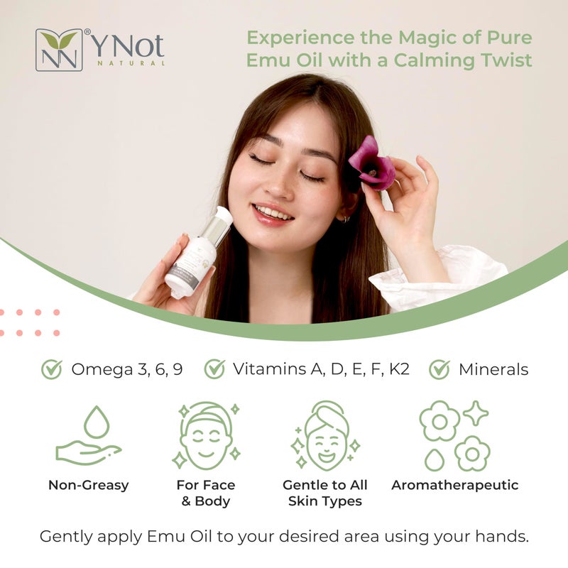 Y Not Natural Emu Oil Pure Skin Moisturizer - Nail, Body, Face, Scalp & Hair Moisturizer with Omega 3, 6, 9, Vitamins, & Minerals - Australian Emu Oil for Skincare 60mL, Lavender - Image 2