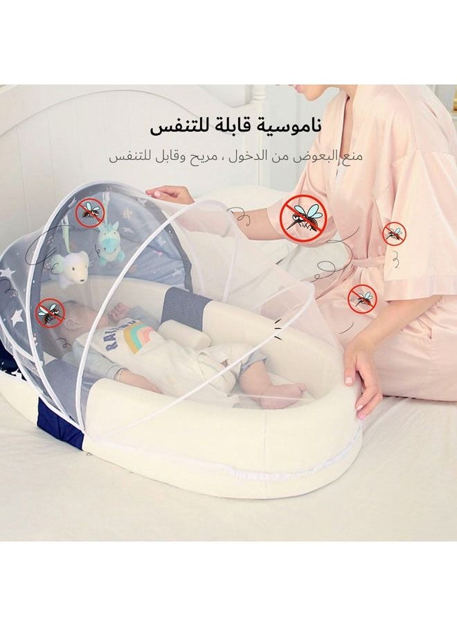 hibobi Baby Pure Cotton Star Pattern Include Mosquito Net Awning Mommy Bag Foldable Portable Sleeping Crib 87*48*14cm (Navy Blue)  - Image 3