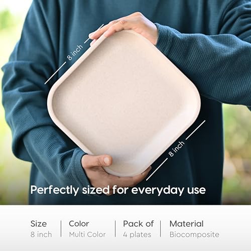 Eha Set of 4 Earth-Friendly Snack Plate | 8 inch |Snacks Serving Plates Made with Bamboo Fibers & Rice Husk Fiber | Microwave Safe Plates |Plates for Hot & Cold Servings |Multi Colour - Image 2