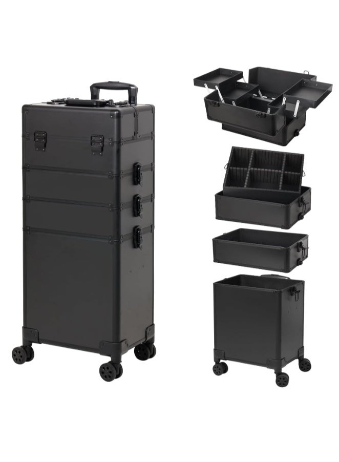 Rolling Makeup Train Case, Aluminum Makeup Travel Organizer Cosmetic Case, Cosmetology Display Suitcase on Wheels, Beauty Storage Luggage Lockable w/4 Removable Wheels (All Black, AIGE-001-4 TIER) - Image 1