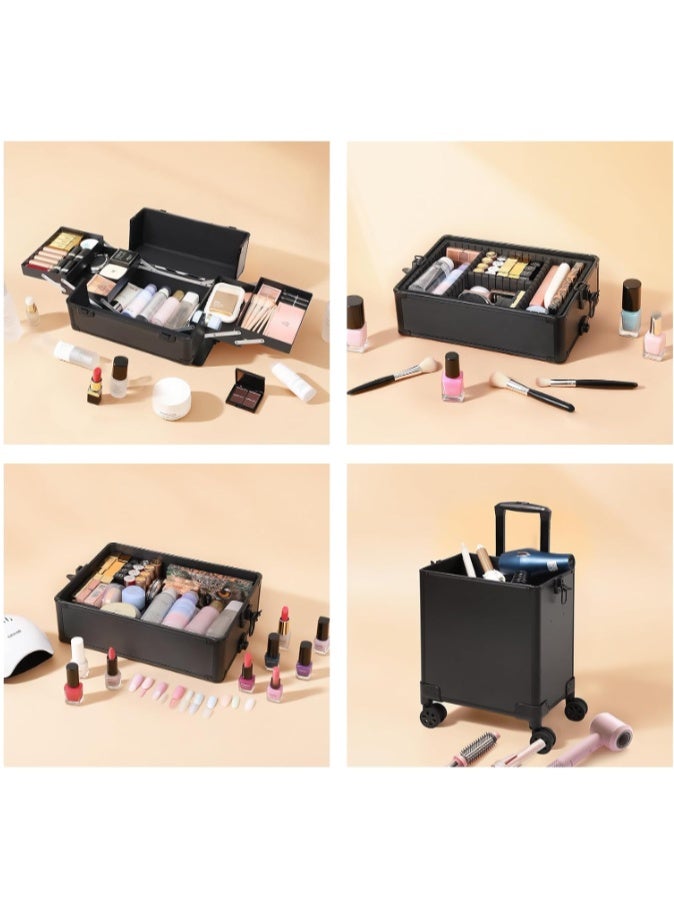Rolling Makeup Train Case, Aluminum Makeup Travel Organizer Cosmetic Case, Cosmetology Display Suitcase on Wheels, Beauty Storage Luggage Lockable w/4 Removable Wheels (All Black, AIGE-001-4 TIER) - Image 2