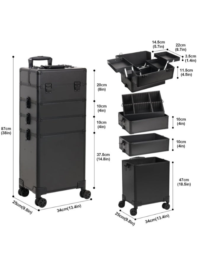 Rolling Makeup Train Case, Aluminum Makeup Travel Organizer Cosmetic Case, Cosmetology Display Suitcase on Wheels, Beauty Storage Luggage Lockable w/4 Removable Wheels (All Black, AIGE-001-4 TIER) - Image 3