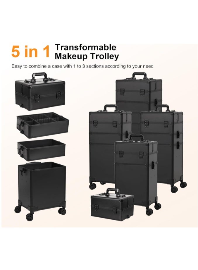 Rolling Makeup Train Case, Aluminum Makeup Travel Organizer Cosmetic Case, Cosmetology Display Suitcase on Wheels, Beauty Storage Luggage Lockable w/4 Removable Wheels (All Black, AIGE-001-4 TIER) - Image 4