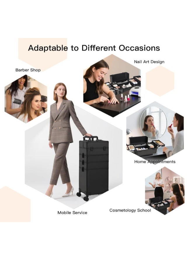 Rolling Makeup Train Case, Aluminum Makeup Travel Organizer Cosmetic Case, Cosmetology Display Suitcase on Wheels, Beauty Storage Luggage Lockable w/4 Removable Wheels (All Black, AIGE-001-4 TIER) - Image 5