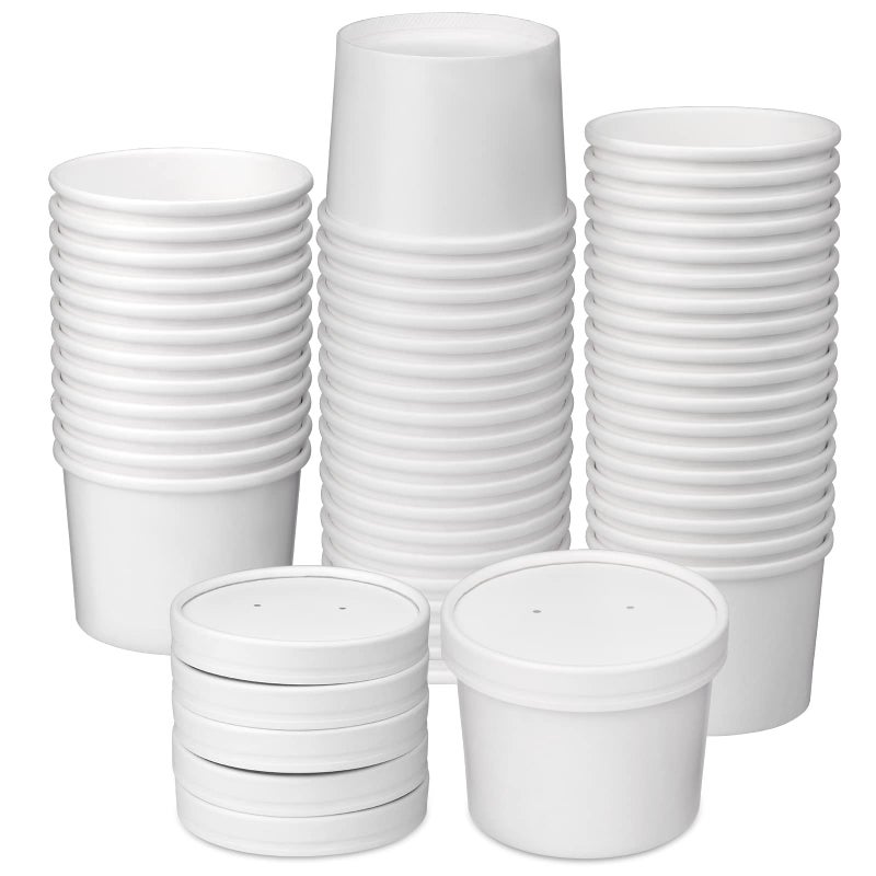 12 oz 50 Pack Paper Soup Containers with lids Disposable Kraft Food Cups Soup Cups Paper Ice Cream Cup Dessert Cup Yogurt Ice Cream Containers Great For Restaurants Take Outs or ToGo Lunch