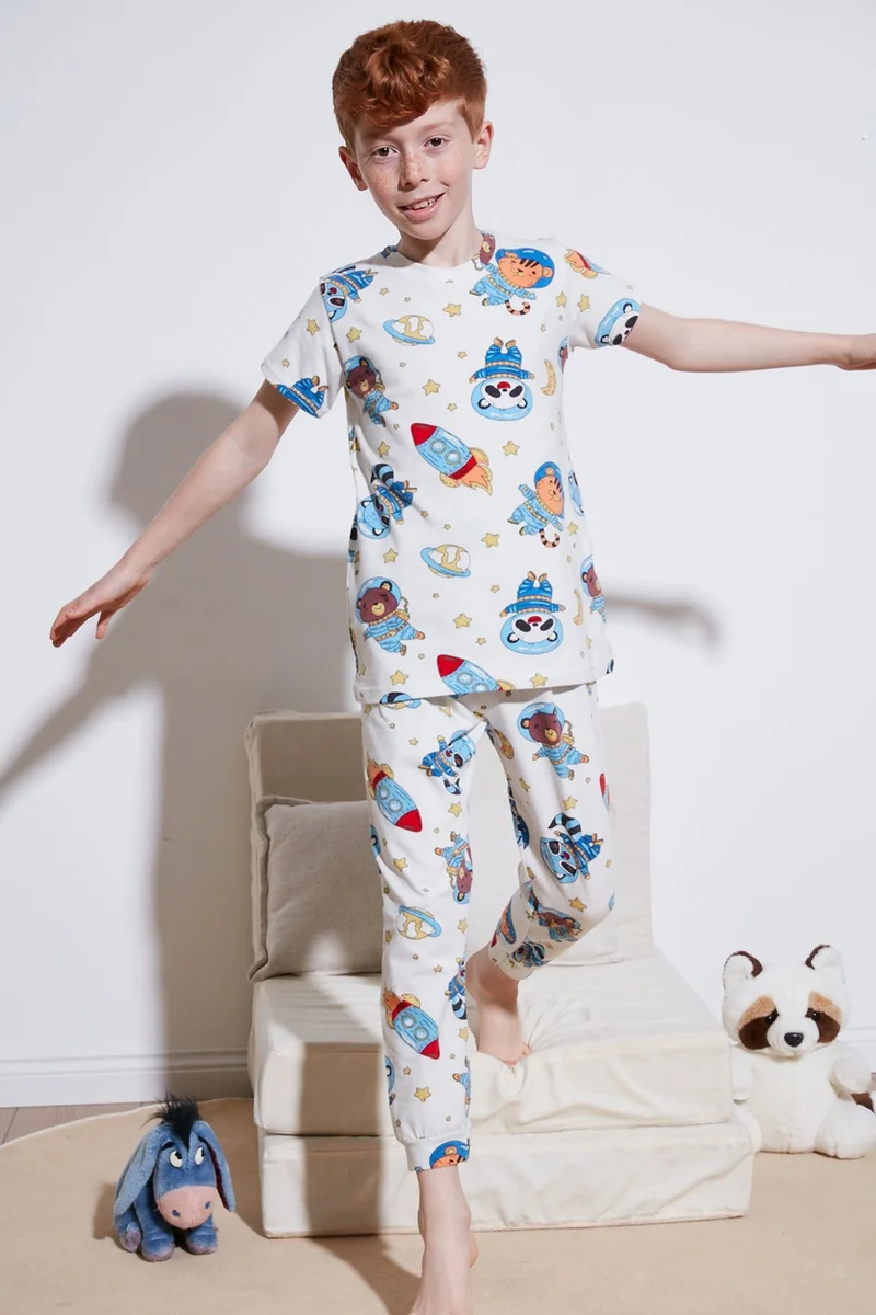 ليلا Patterned 100% Cotton Crew Neck Pajama Set Boy's Pajama Set 6651003