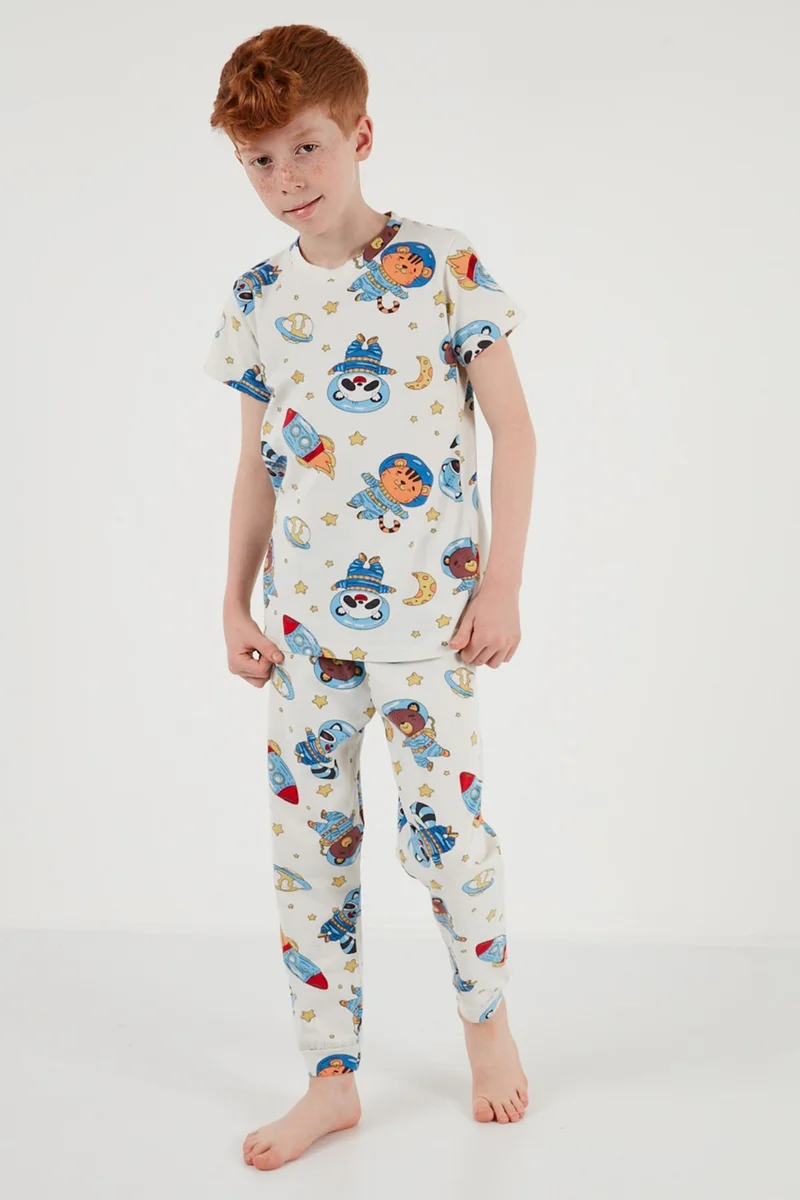 ليلا Patterned 100% Cotton Crew Neck Pajama Set Boy's Pajama Set 6651003