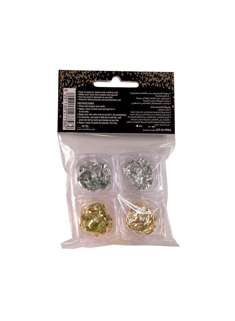 Novell Nail Art Gold and Silver Foil Set – 4-Piece LT01, Metallic Foil Flakes for DIY Manicures, Nail Decorations, and Craft Projects - Image 2