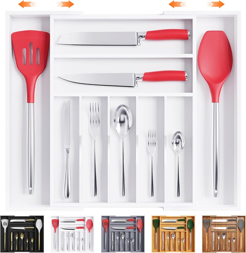 Bellsal Large Premium Bamboo Silverware Organizer  Expandable Utensil Drawer Organizer  17x196 Utensil Holder and Cutlery Tray with Grooved for Kitchen Flatware and Utensils79 Slot White - Image 1