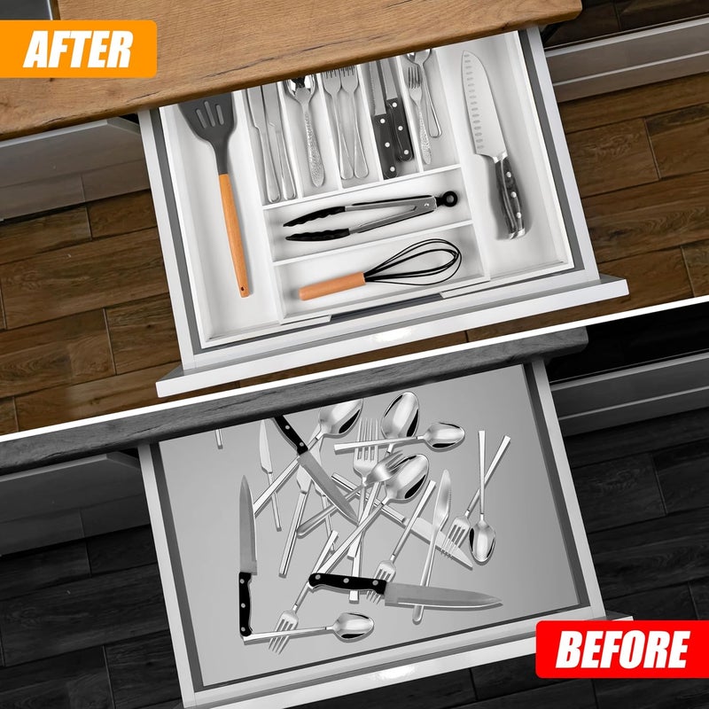 Bellsal Large Premium Bamboo Silverware Organizer  Expandable Utensil Drawer Organizer  17x196 Utensil Holder and Cutlery Tray with Grooved for Kitchen Flatware and Utensils79 Slot White - Image 3