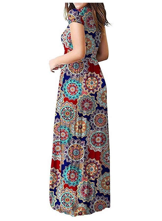 NIBEMINENT Women's Summer Short Sleeve Loose Maxi Dresses Round Neck Print Long with Pockets Annual Ring Orchid - Image 3
