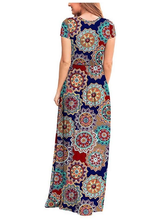 NIBEMINENT Women's Summer Short Sleeve Loose Maxi Dresses Round Neck Print Long with Pockets Annual Ring Orchid - Image 4