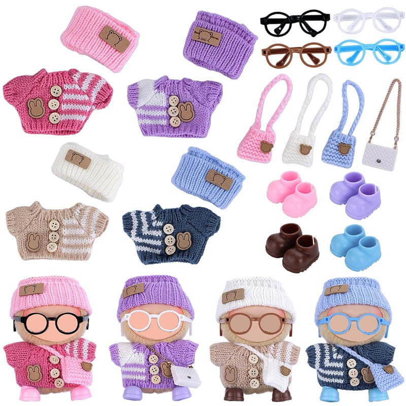 Ezcora Knitting Outfit Set for 17cm Dolls 4 Cozy Sweaters with Hats Shoes Glasses Bags 67Inch Doll Accessories Gift Idea No Dolls - Image 3