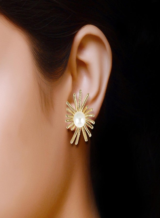 MEENAZ Flower earrings set for women stylish earinging western Stylish Pearl Chunky Golden Dainty Big Huggie Hoop Earrings | Aesthetic Drop Ear rings long Korean Fashion Jewellery for Women Girls 221 - Image 2