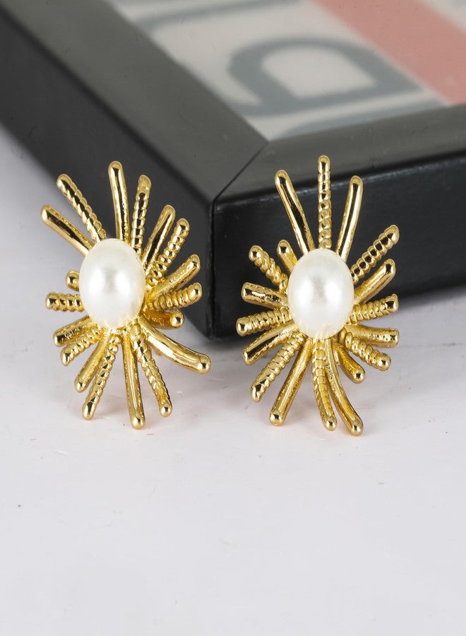 MEENAZ Flower earrings set for women stylish earinging western Stylish Pearl Chunky Golden Dainty Big Huggie Hoop Earrings | Aesthetic Drop Ear rings long Korean Fashion Jewellery for Women Girls 221 - Image 5