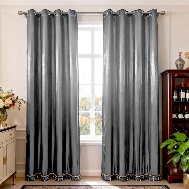 Amidoudou 1 Pair Double Layer Blackout Curtains for Bedroom Luxury Shiny Curtains for Living Room Shimmer Curtains (Grey,54x90 Inch) - Image 2