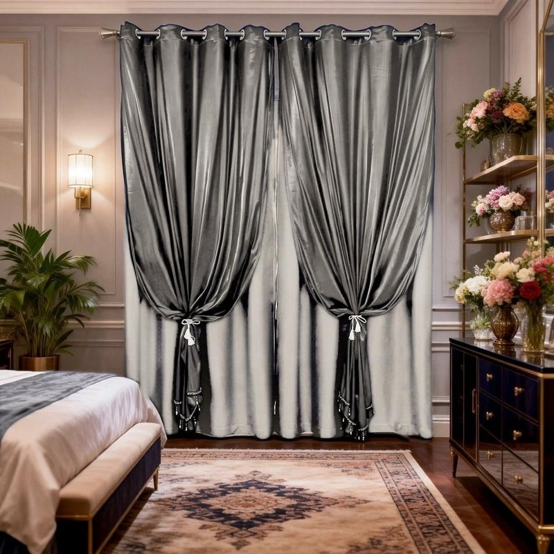 Amidoudou 1 Pair Double Layer Blackout Curtains for Bedroom Luxury Shiny Curtains for Living Room Shimmer Curtains (Grey,54x90 Inch) - Image 1