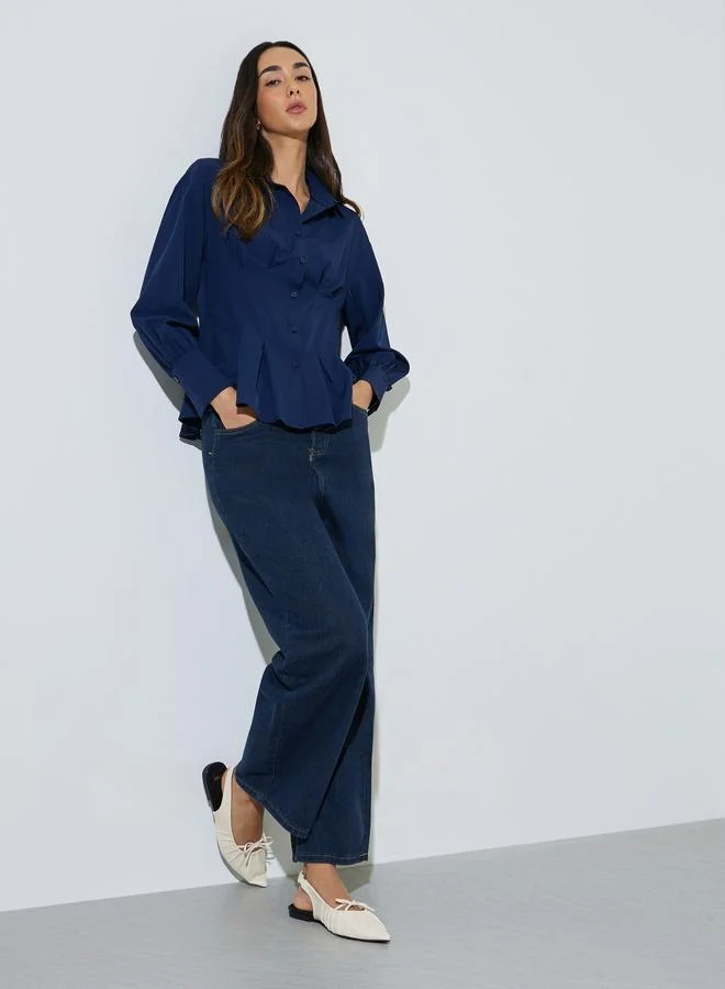 ستايلي Navy Blue Fitted Peplum Shirt with Buttons