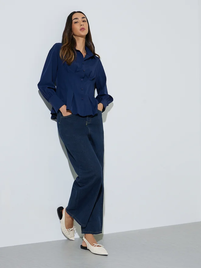 Styli Styli Navy Blue Fitted Peplum Shirt with Buttons