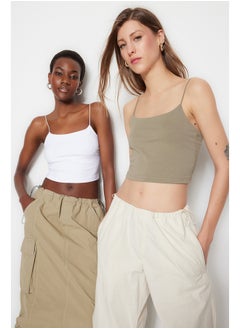 trendyol Khaki-White 2-Pack Cotton Spaghetti Straps Crop, Stretchy Knit Undershirt TWOSS21AL0196  - Image 1