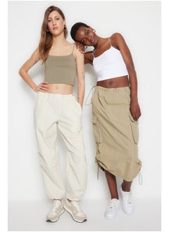 trendyol Khaki-White 2-Pack Cotton Spaghetti Straps Crop, Stretchy Knit Undershirt TWOSS21AL0196  - Image 2