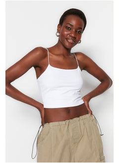 trendyol Khaki-White 2-Pack Cotton Spaghetti Straps Crop, Stretchy Knit Undershirt TWOSS21AL0196  - Image 4