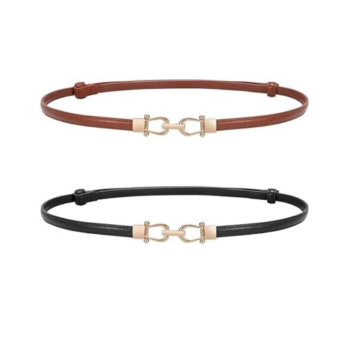 Preptep Women 2 Pack Skinny Belt for Dress,Thin Waist Belt - Adjustable Leather Belt with Gold Buckle - Image 1